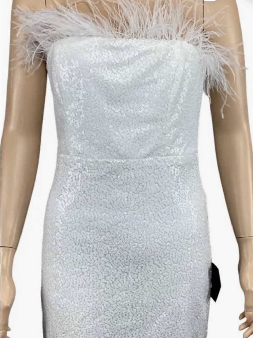 White Sequin Feather Trim Mini Strapless Dress by lulus size S Small